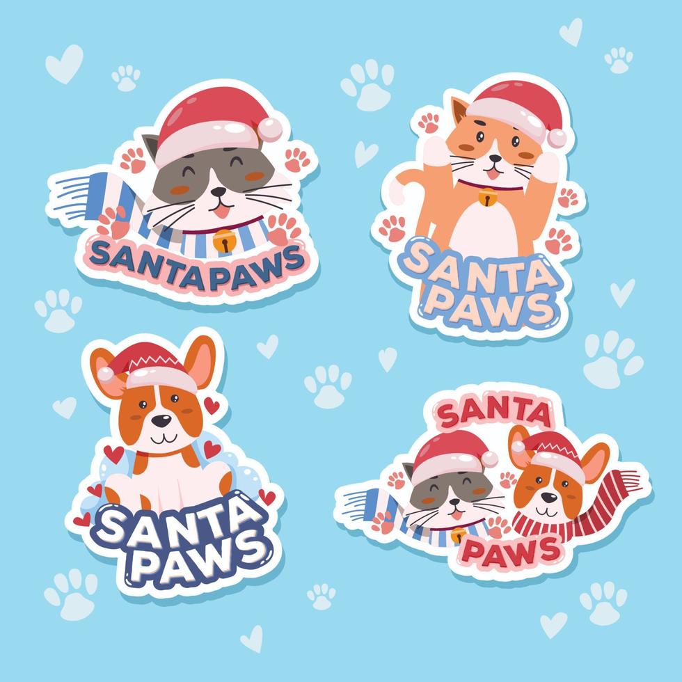 conjunto de pegatinas de gatito y cachorro de patas de santa vector