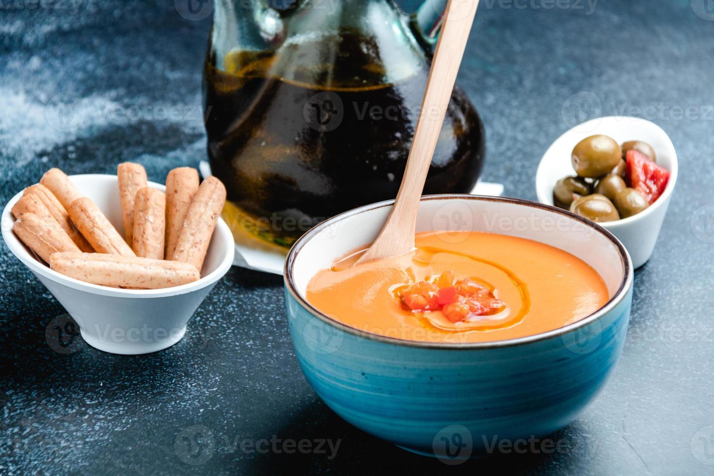 bowl with salmorejo, a typical spanish tomato soup similar to the gazpacho photo