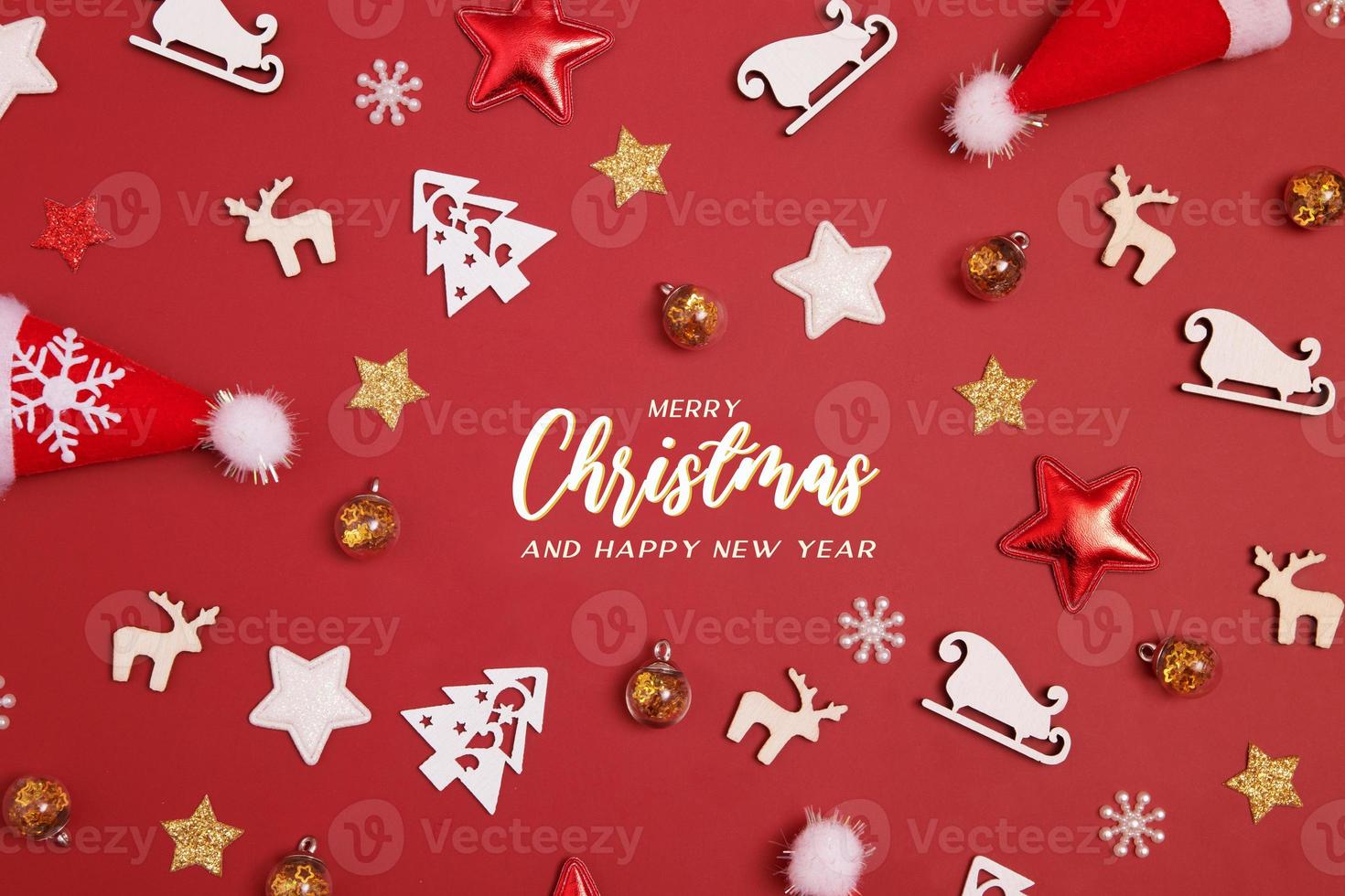 Merry Christmas and Happy New Year greeting card with holiday decorations flat lay photo