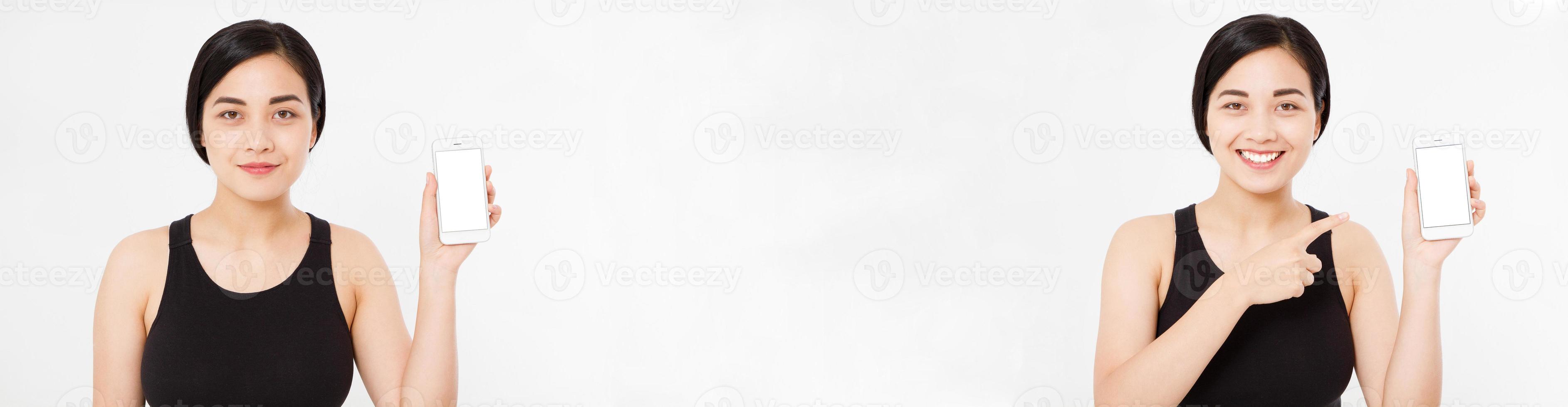 Collage of smiling asian, korean woman, girl is pointing on smartphone standing on white background set. Design template. Billboard, banner blank. Top view, copy space. photo