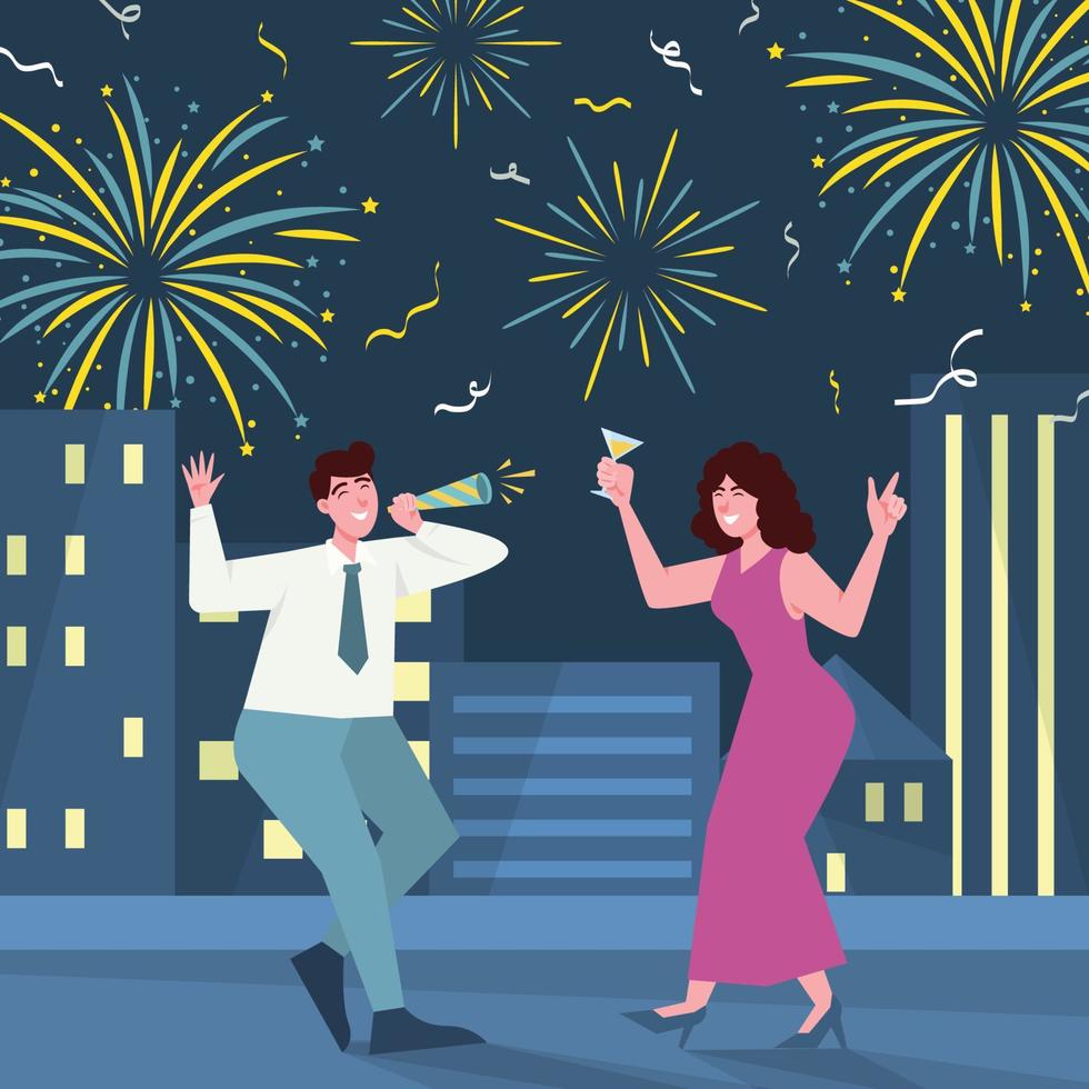 pareja celebrando el año nuevo en la azotea vector