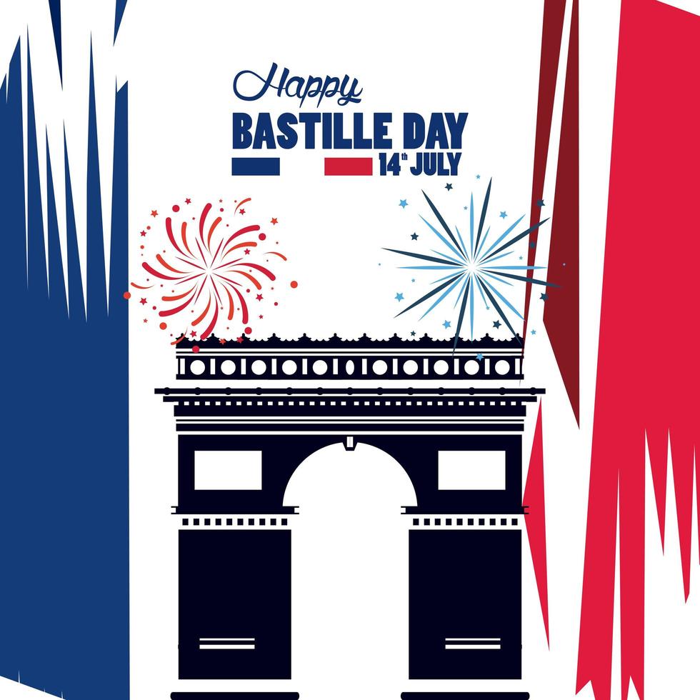 happy bastille day celebration with arch of triumph vector