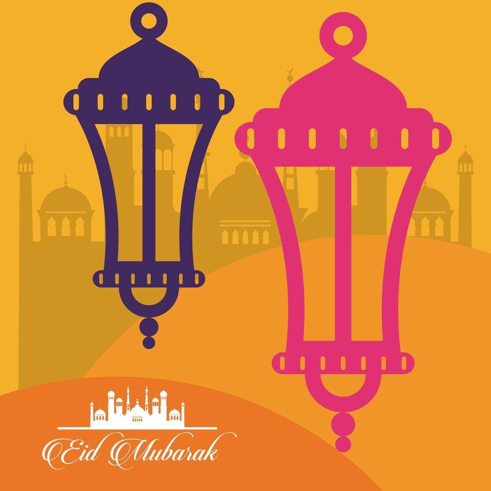 Tarjeta de celebración de eid mubarak con linternas colgando y escena de mezquitas vector