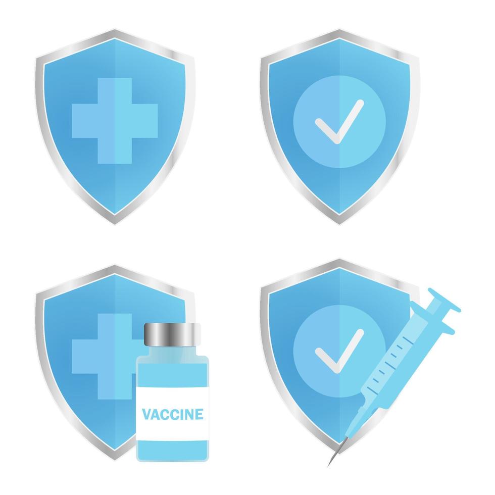 Antimicrobial, resistant badge, symbol of protection. Blue, glossy shield with silver trim. Medical disposable syringe, vaccine vial and shield. Injection tool for Covid-19 immunization treatment vector