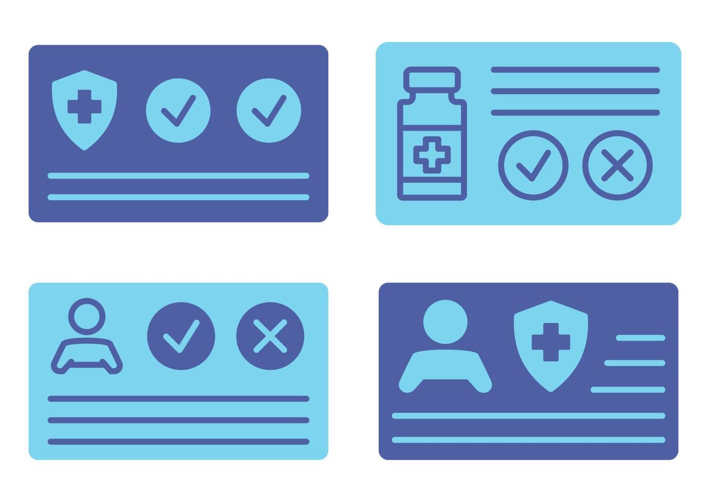 Vaccination certificate against Covid-19 with check mark, vial, shield and medical cross. Passport for travel in time pandemic. Medical record in blue color. Health card vector