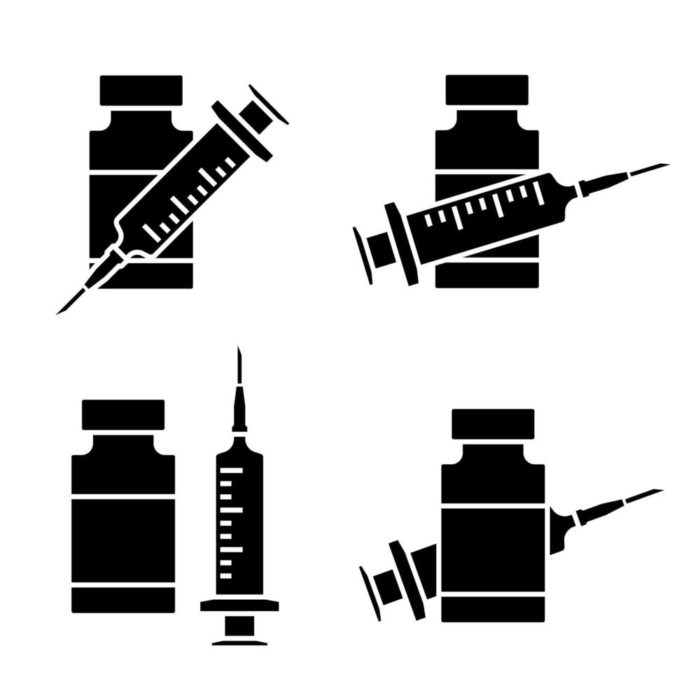 icono de vacuna contra el coronavirus. jeringa con signo de vial. Frasco de vacuna médica con símbolo de jeringa en color negro. vacunación contra coronavirus. iconos de glifos. concepto de inmunización vector