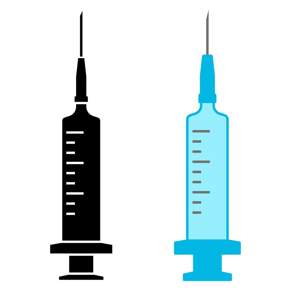 Medical syringe, injection icon. Glyph medical needle icon. Disposable syringe with needle in glyph. Applicable for vaccine injection or vaccination. Blue color illustration vector