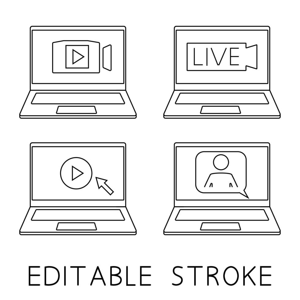 Laptop with man and speech bubble for video conference, webinar, video chats, conference. Start play or stream symbol. Online training. Notebook icon in simple design with arrow and camera vector