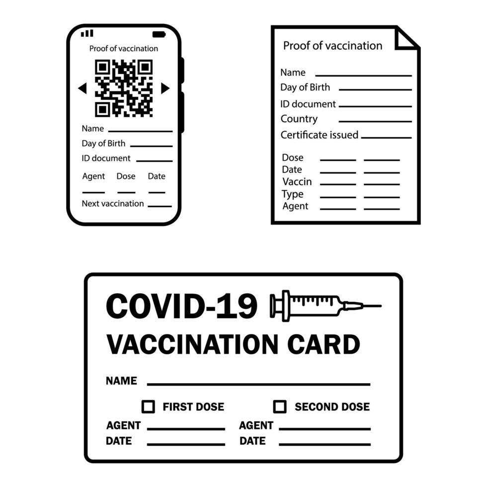 Vaccine passport. Vaccination certificate or card against Covid-19. Paper and digital document to show that a person has been vaccinated with the Covid-19 vaccine. Vector