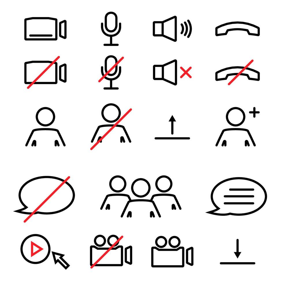 Webinar stream or video chat control icons. Speaker, microphone, video camera, phone, record and other related icons. Basic icons for Video Conference, Webinar and Video chat. Vector