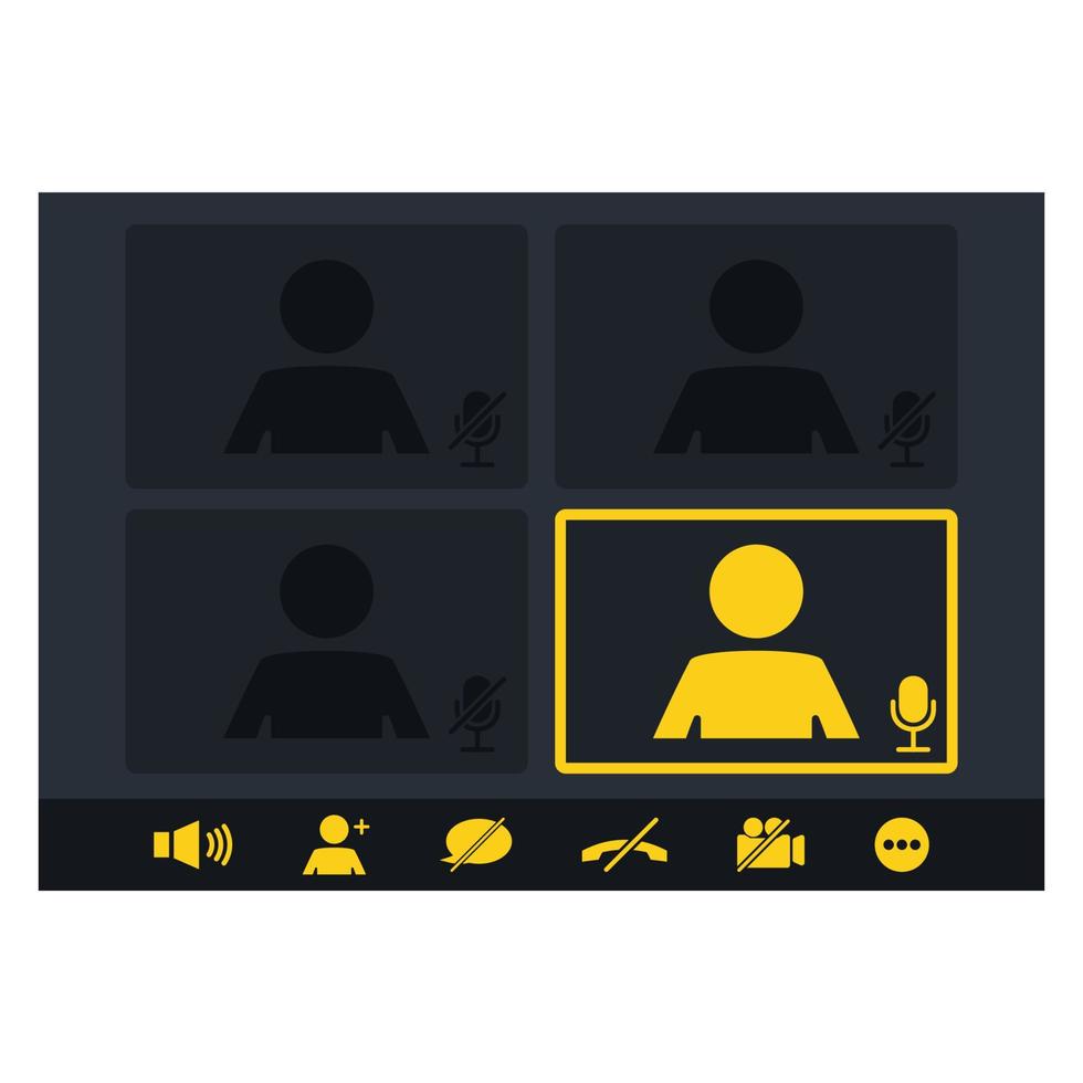 Mockup video conferencing and online meeting workspace vector page. Webinar interface. Online communication, chatting. Customer support. User interface, video calls window overlay