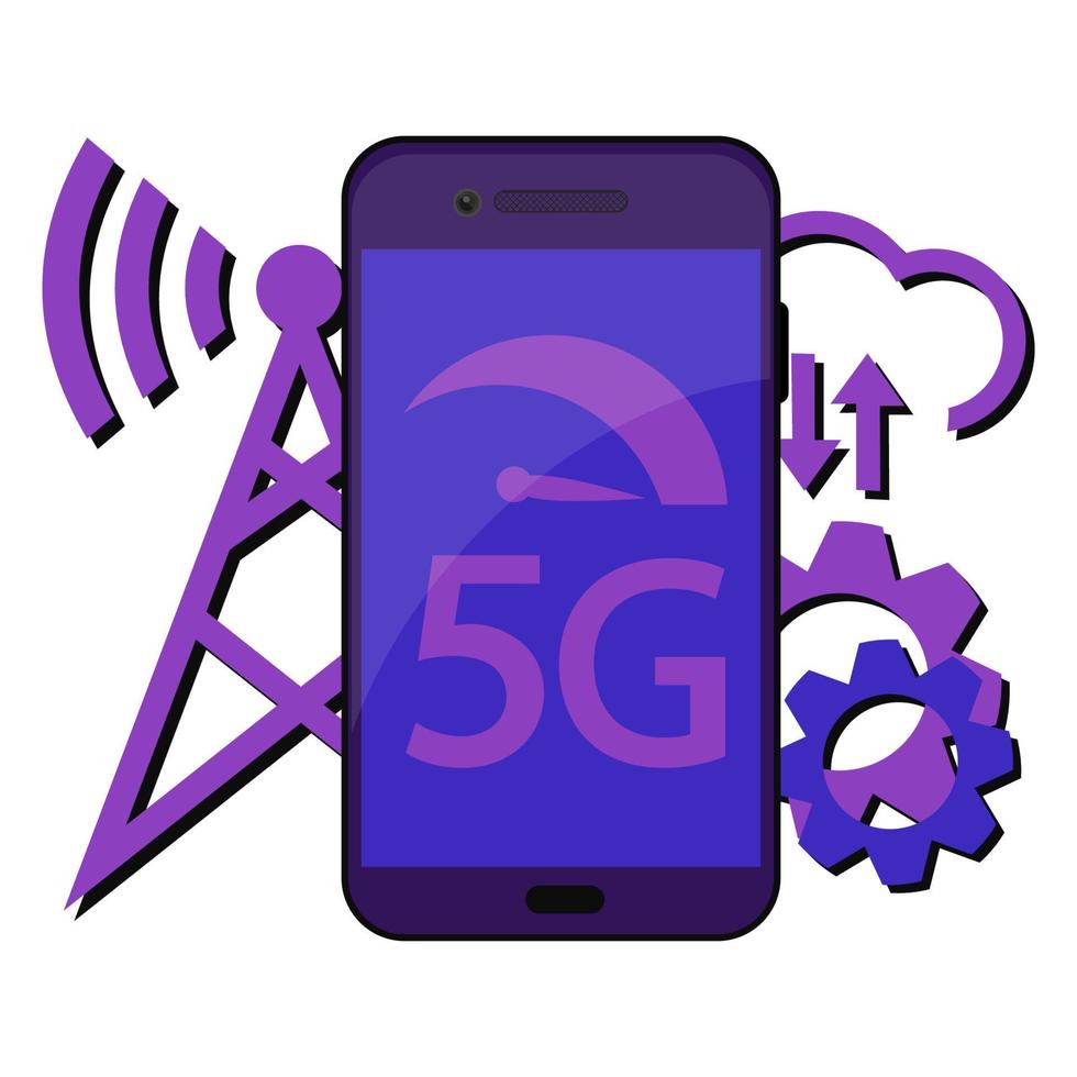 5G technology concept. Smartphone with 5g symbol and with wireless tower. New 5th generation mobile network, high speed connection wireless systems and more vector