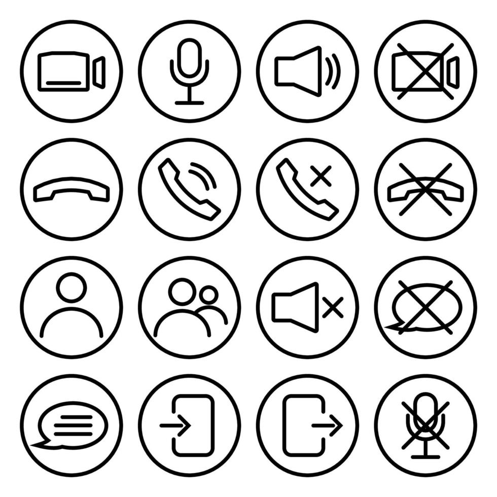 Webinar stream or video chat control icons. Speaker, microphone, video camera, phone, record and other related icons. Basic icons for Video Conference, Webinar and Video chat. Vector