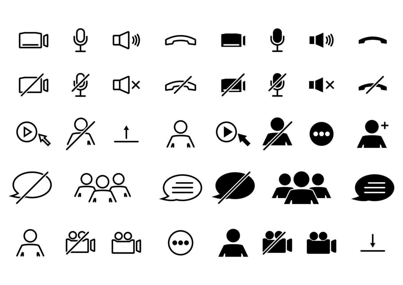 Webinar stream or video chat control icons. Speaker, microphone, video camera, phone, record and other related icons. Basic icons for Video Conference, Webinar and Video chat vector