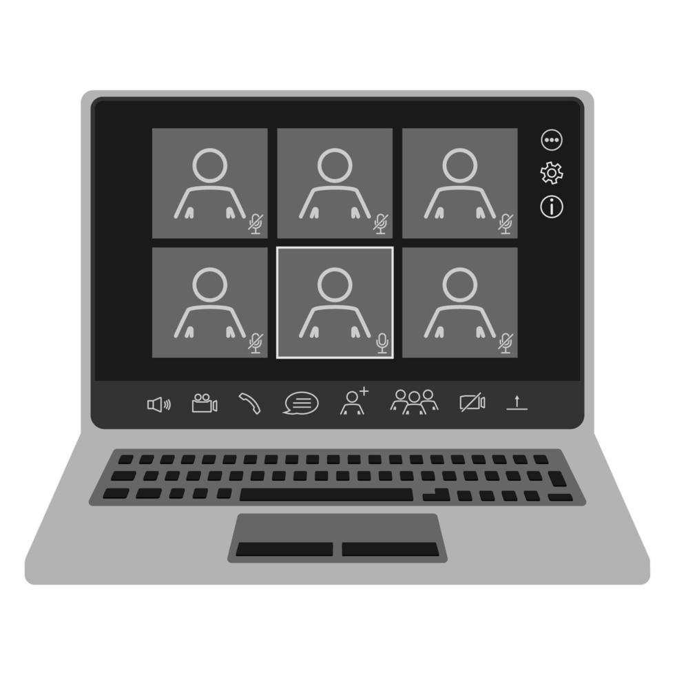 Webinar interface in notebook. Online communication, chatting. Online training in laptop. Video conference user interface with realistic laptop, video conference calls window overlay vector