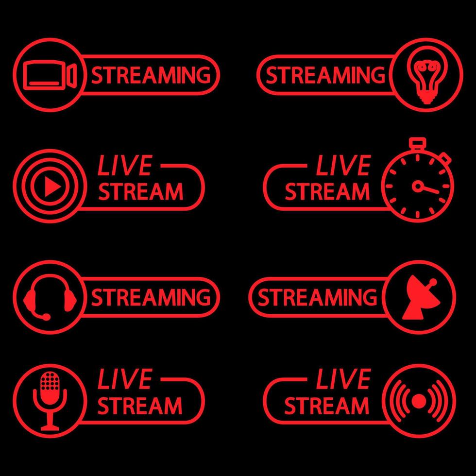Live stream buttons in outline. Flat icons for video conference, webinar, video chats, online course, video lecture, conference, live streaming. Broadcasting in real time vector