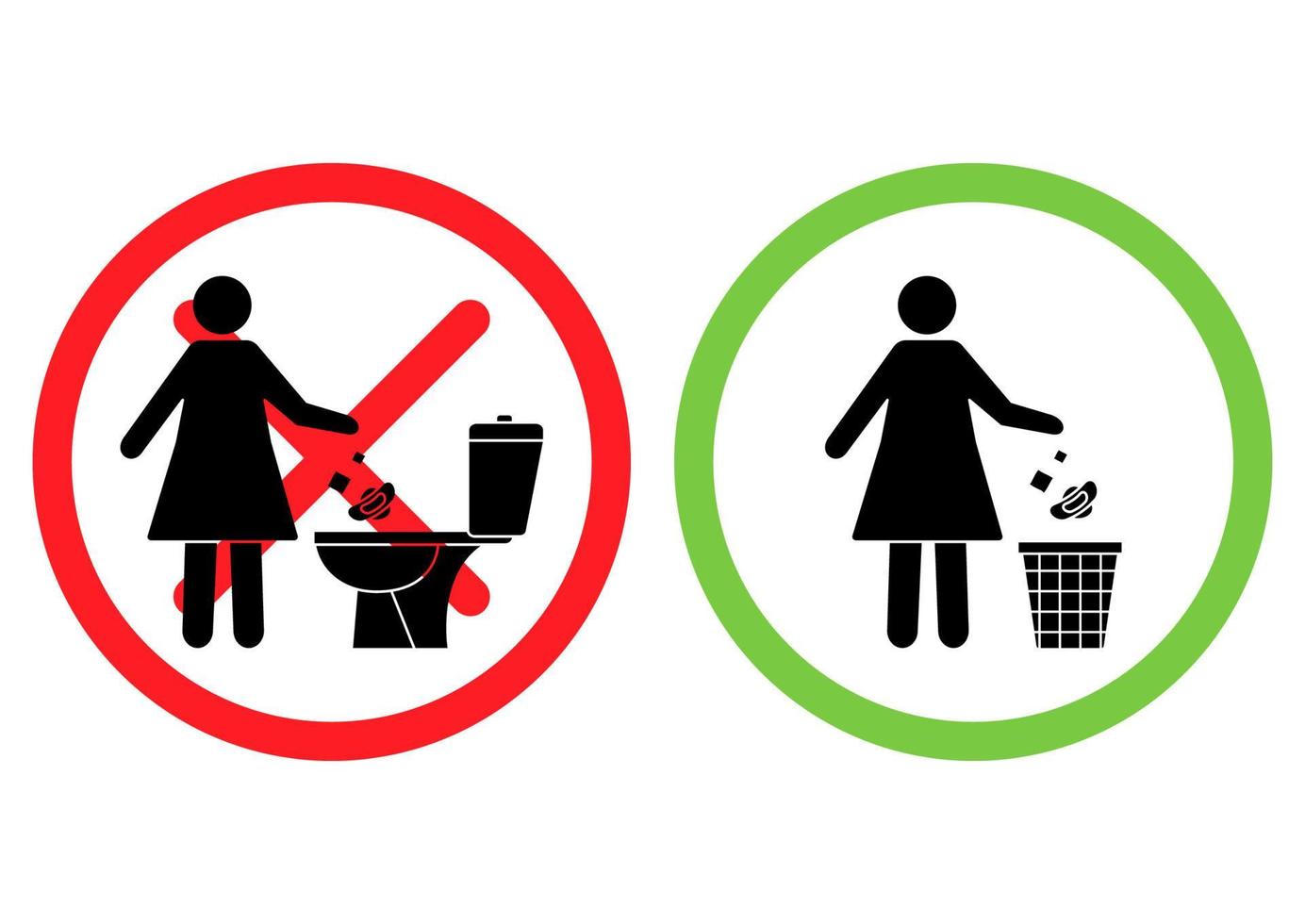 no tire basura en el inodoro. inodoro sin basura. mujer arroja toallas sanitarias en el baño. Utilice un bote de basura para toallas de papel y productos sanitarios. iconos de prohibición. cartel prohibido vector