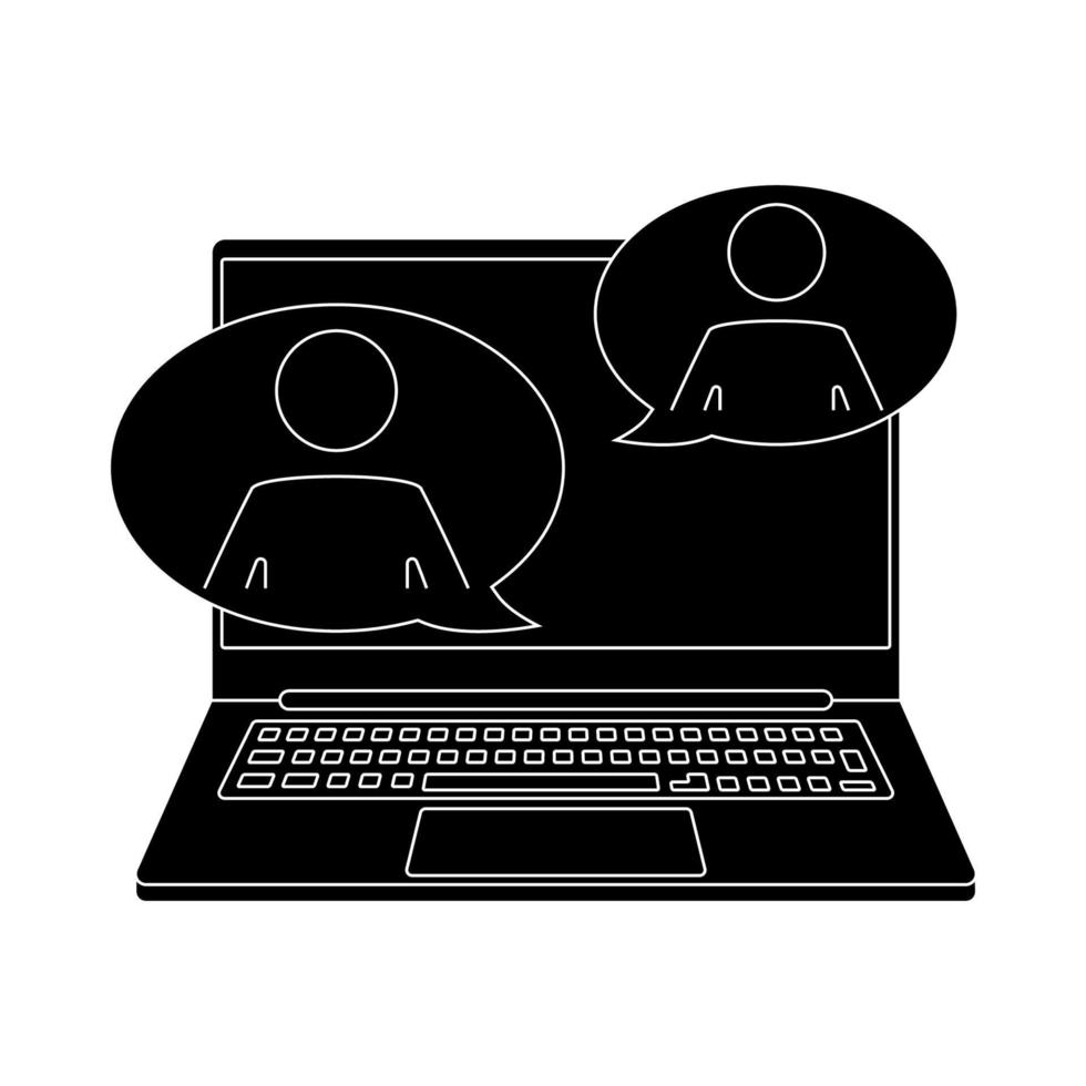 Live webinar icon. Laptop with people and speech bubble for video conference, webinar, video chats, online course, video lecture. Online communication, chatting. Customer support vector