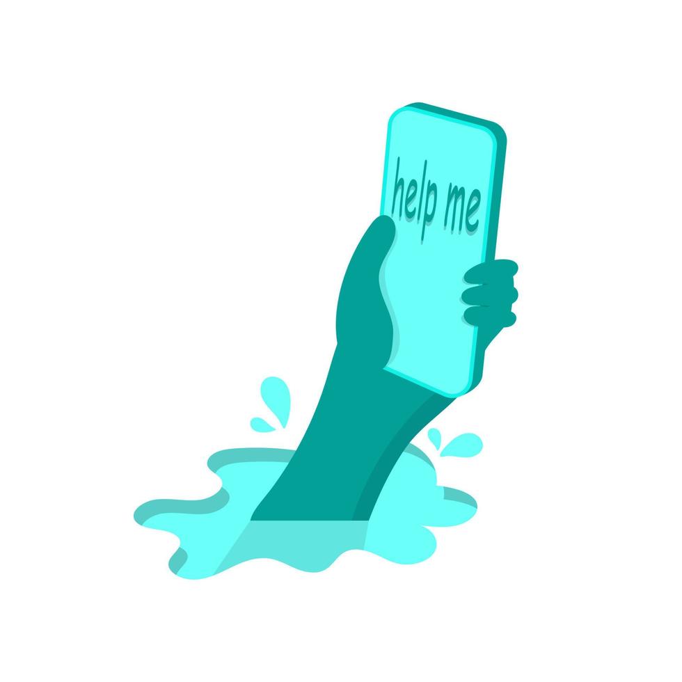 Mensaje de teléfono para pedir ayuda, teléfono móvil en mano, en medio de un pequeño estanque. vector