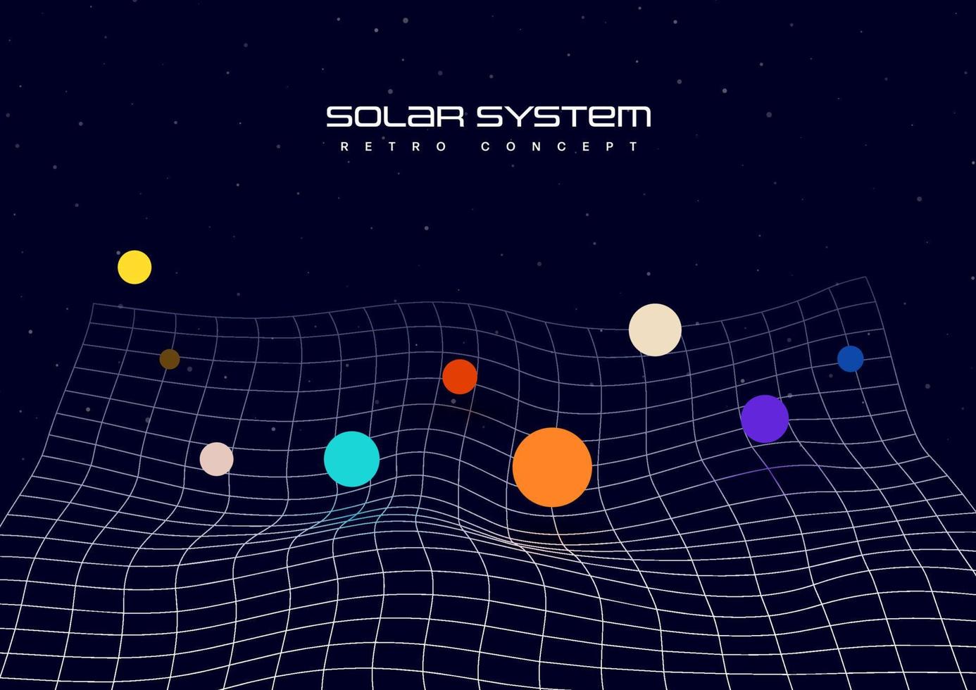 Vector solar system minimalistic retro style. Futuristic deformed mesh grid with colorful dots like galaxy planets on dark background.