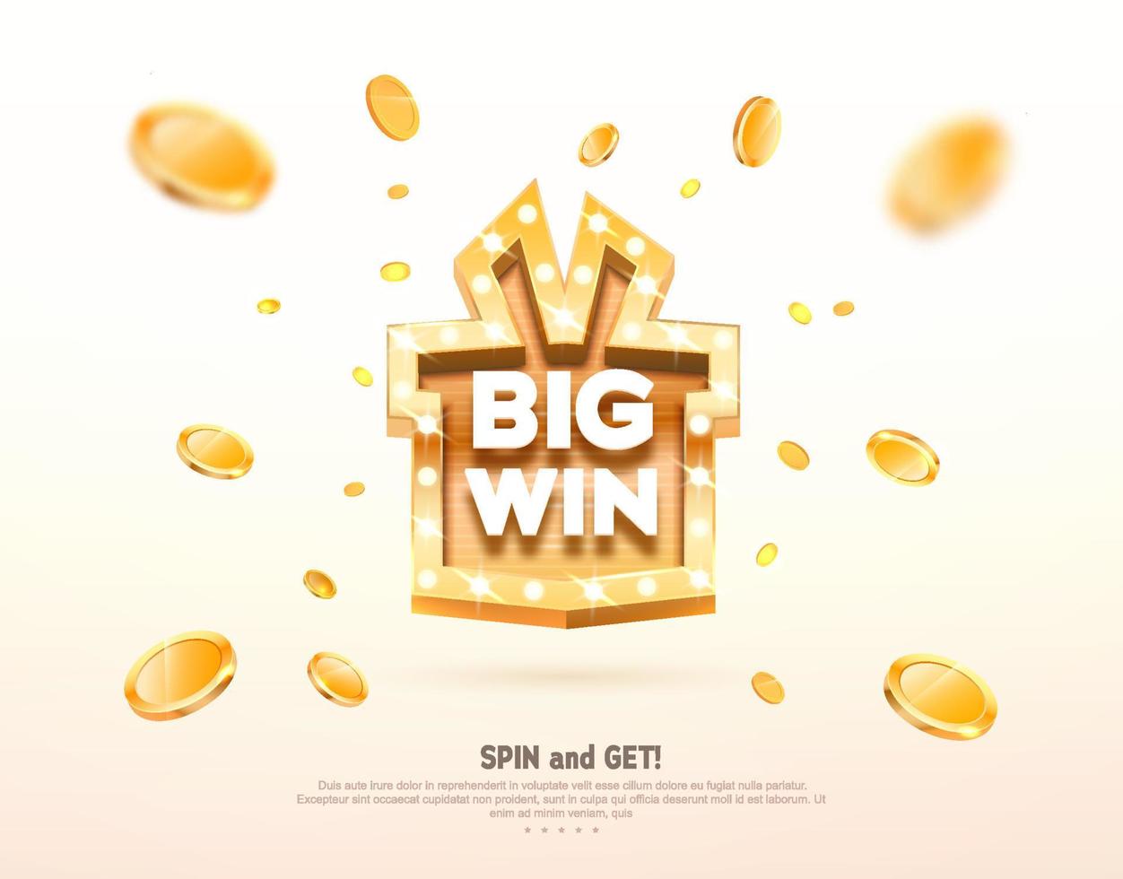 Big win prize gift box with golden retro board sign vector illustration. Winning celebration with coins explosion on light background.