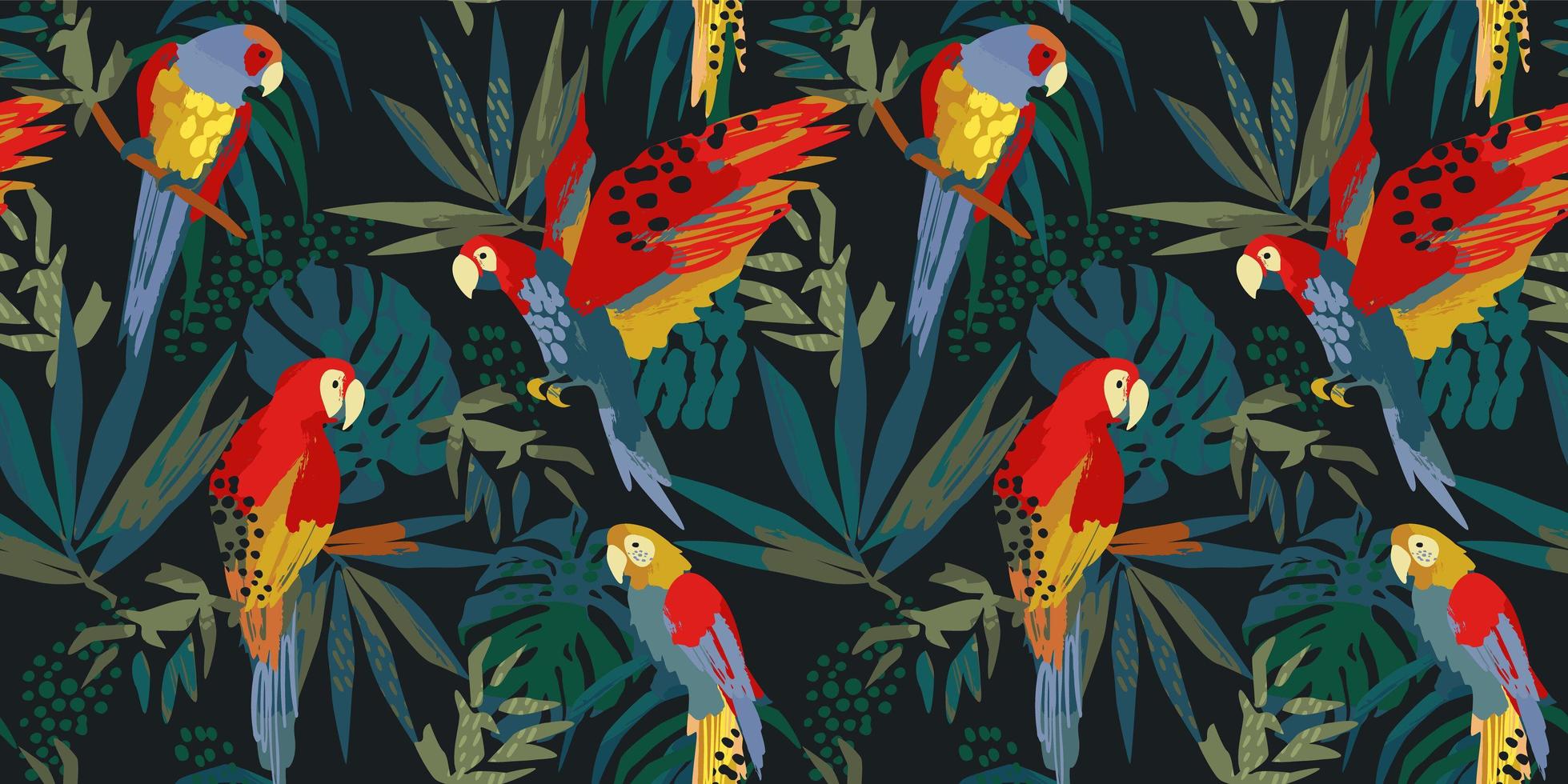 Abstract art seamless pattern with parrots and tropical leaves. Modern exotic design for paper, cover, fabric, interior decor and other vector