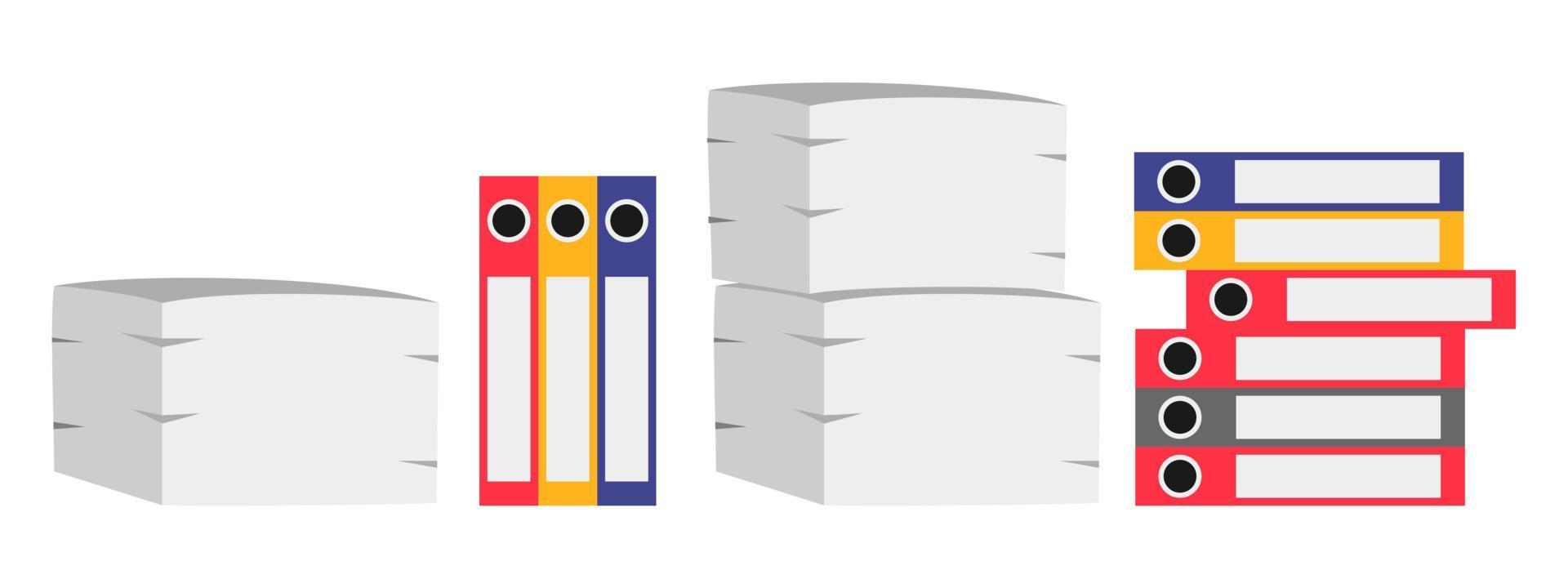 pila de documentos en papel y papeleo de carpetas de archivo en la ilustración de vector de estilo de dibujos animados plano de oficina aislado