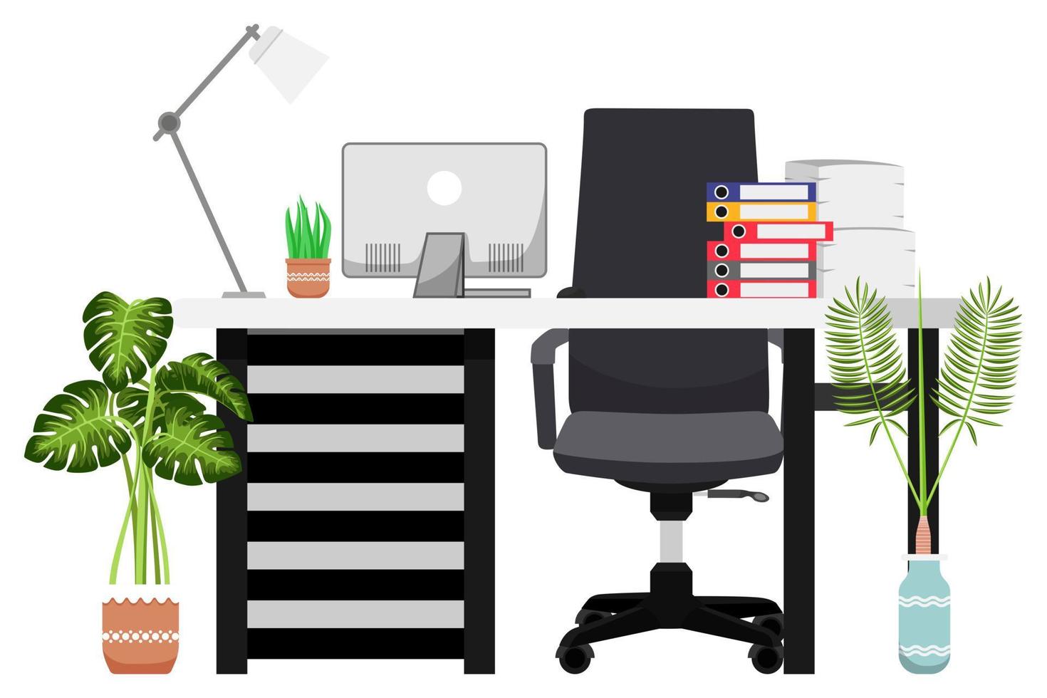hermoso y moderno escritorio de oficina en casa con silla, mesa, computadora portátil, lámpara de mesa y un poco de archivo de carpeta de papel y con plantas de interior vector