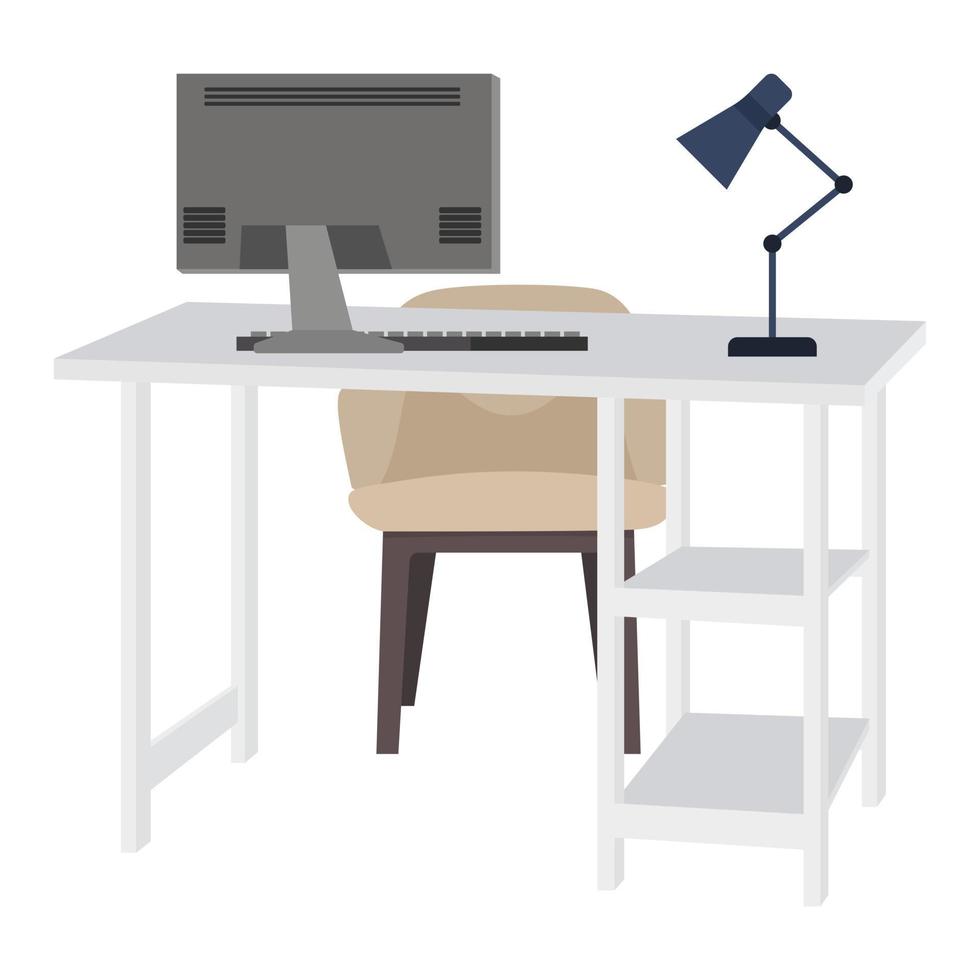 Beautiful modern home office desk with chair table and drawer and table lamp isolated vector