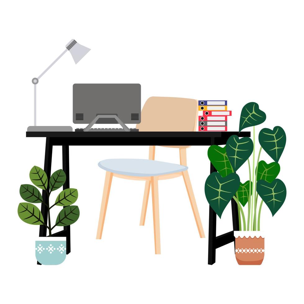 Cute beautiful desk for freelancer and home office with chair table file folder some paper pile and with plants vector