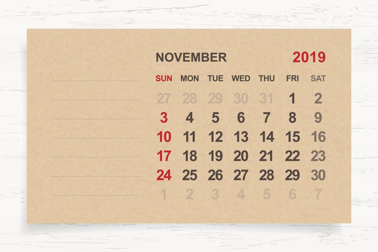 November 2019 - Monthly calendar on brown paper and wood background with area for note. Vector. vector