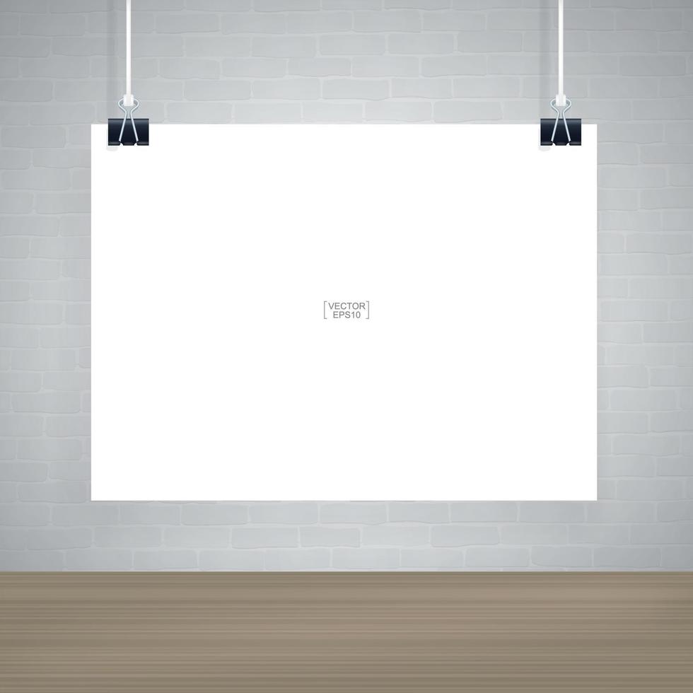 White paper poster hanging on white brick wall in wooden room space. Vector. vector