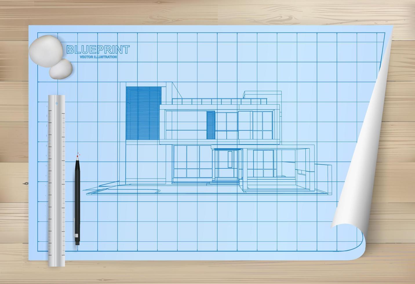 Idea of house on blueprint paper background. Architectural drawing paper on wooden texture background. Vector. vector
