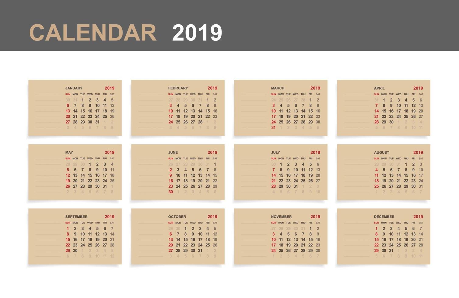 calendario 2019 - conjunto de calendario mensual en papel marrón y fondo de madera blanca. vector. vector