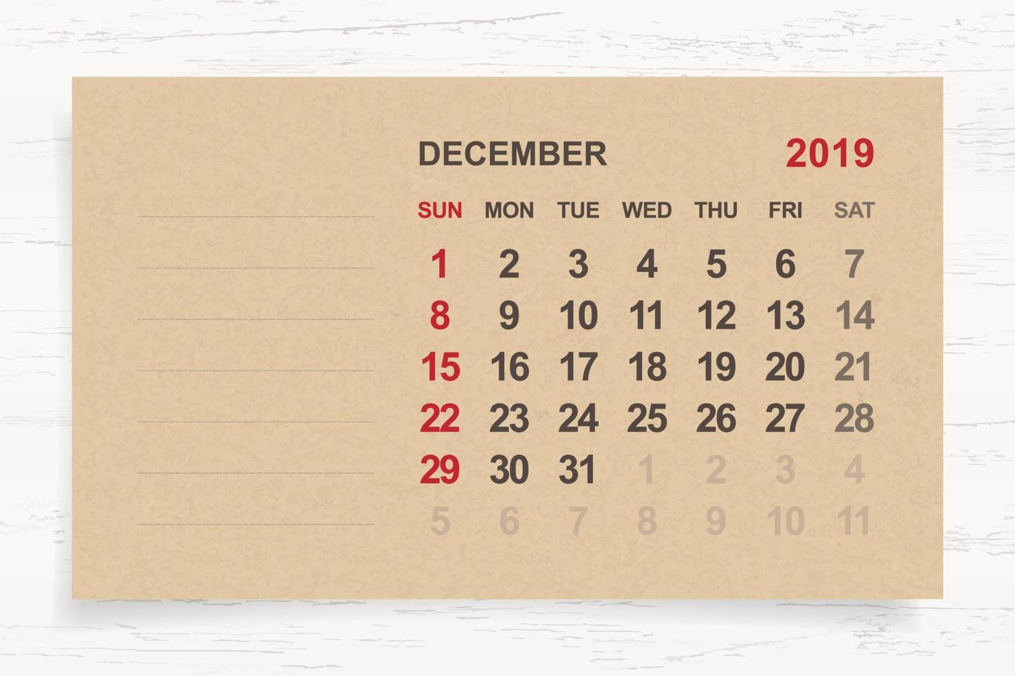 December 2019 - Monthly calendar on brown paper and wood background with area for note. Vector. vector