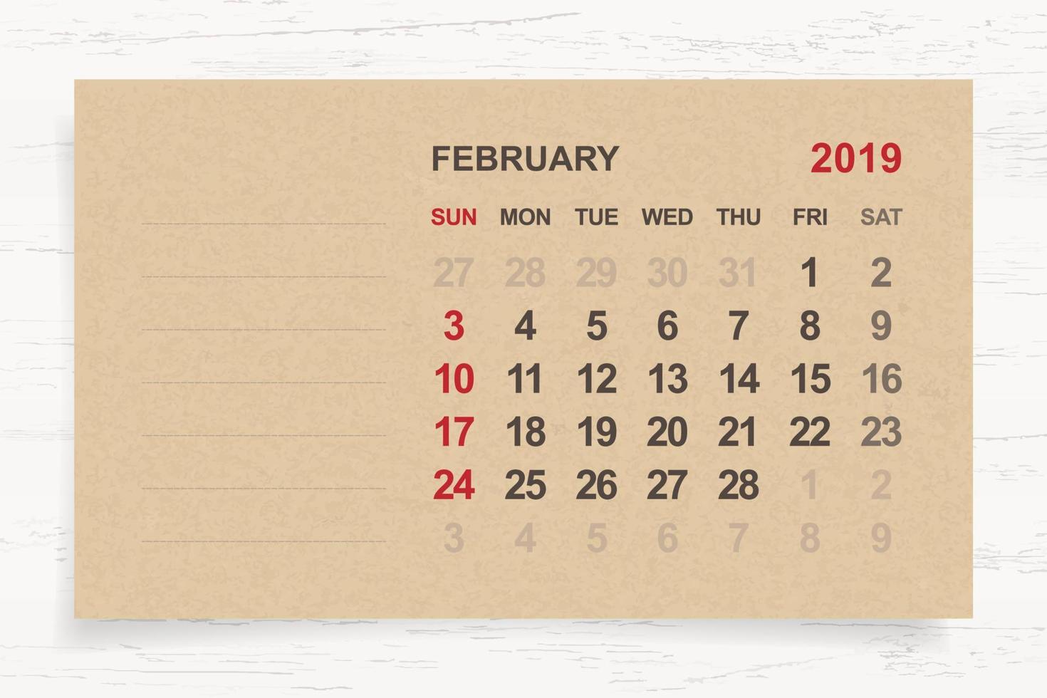 February 2019 - Monthly calendar on brown paper and wood background with area for note. Vector. vector