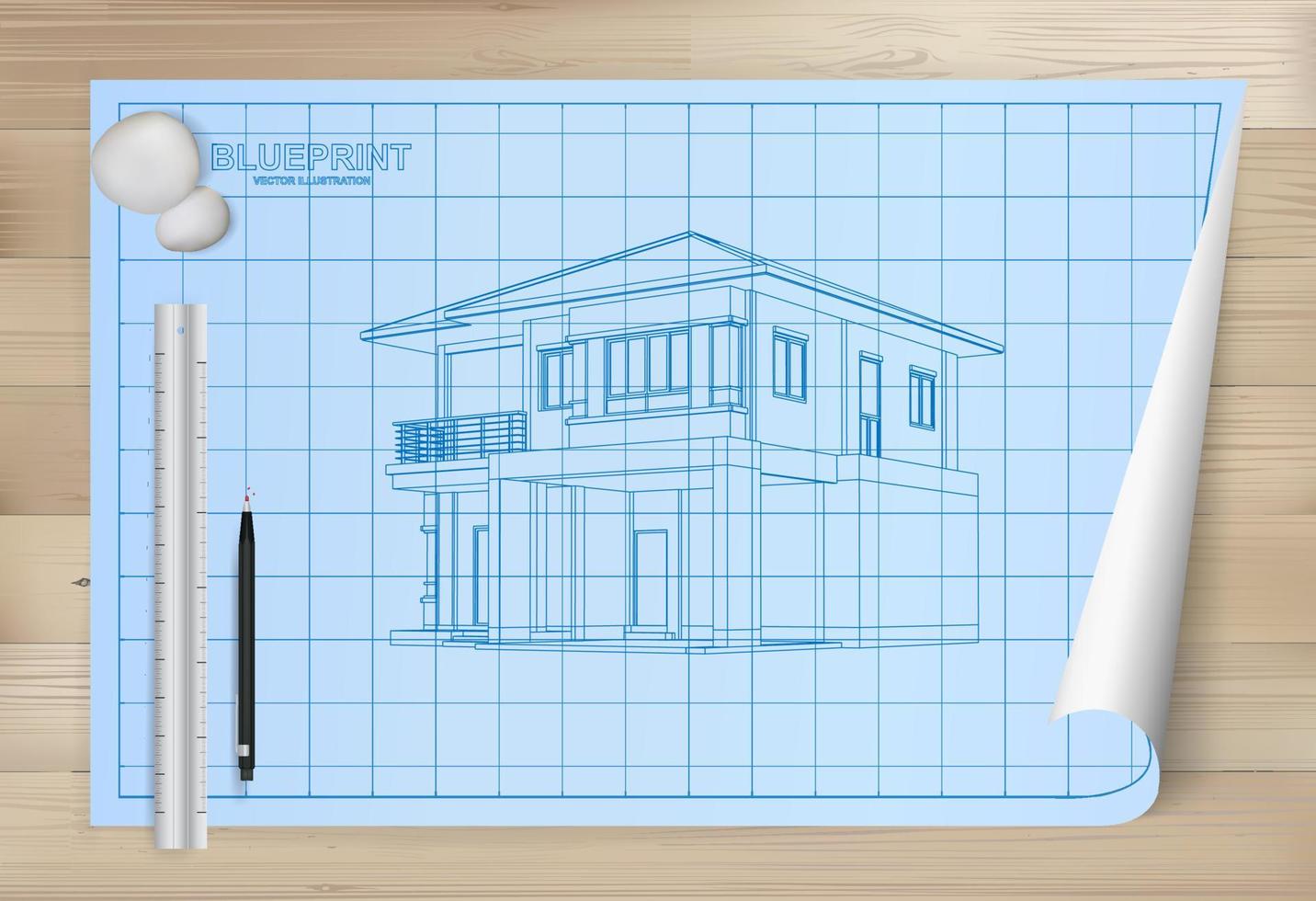 Idea of house on blueprint paper background. Architectural drawing paper on wooden texture background. Vector. vector