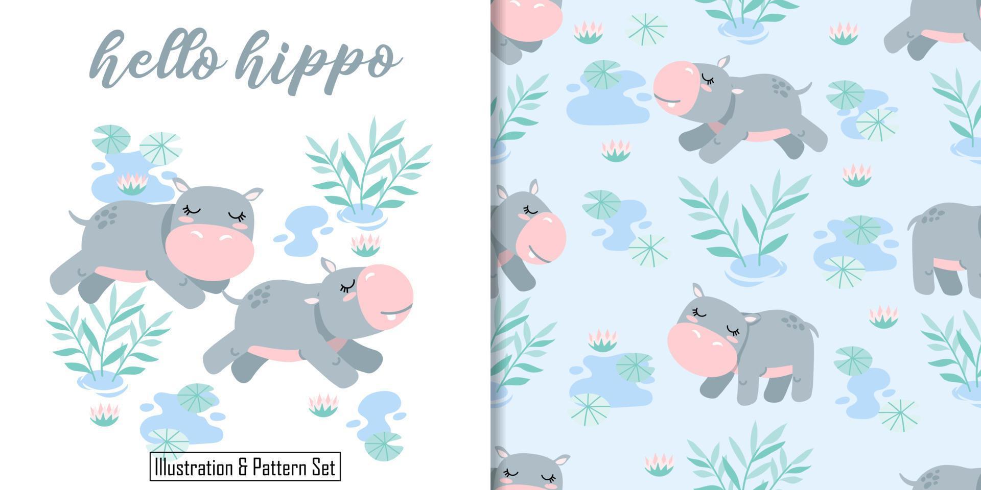 Lindo hipopótamo de patrones sin fisuras con tarjeta de ducha de bebé de dibujos animados de ilustración vector