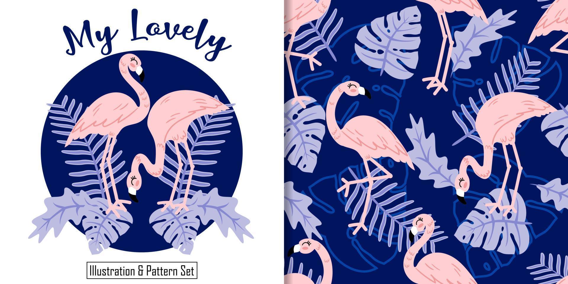 Cute flamingo seamless pattern with illustration cartoon baby shower card vector