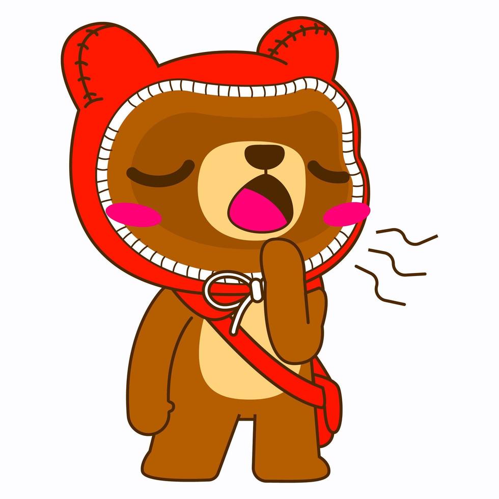 Ilustración de vector de oso lindo, pose aburrida de oso de capucha roja