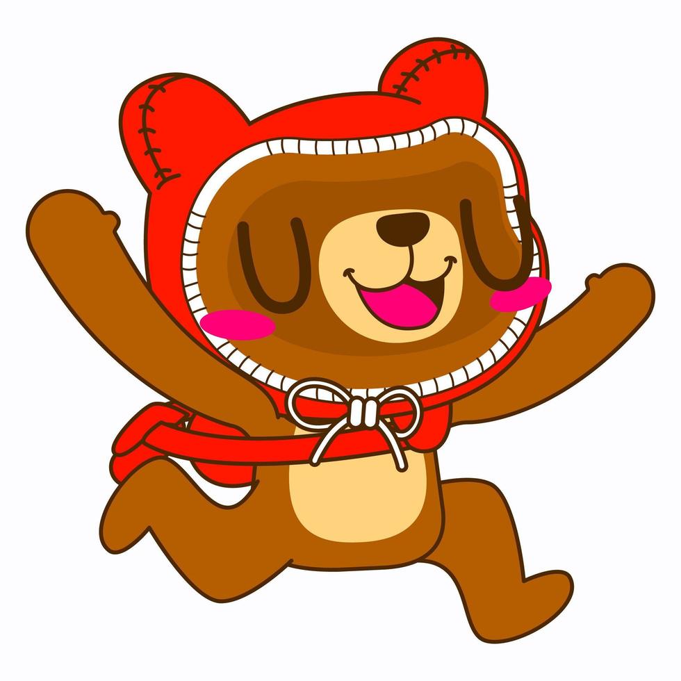 cute bear vector illustration, red hood bear run pose