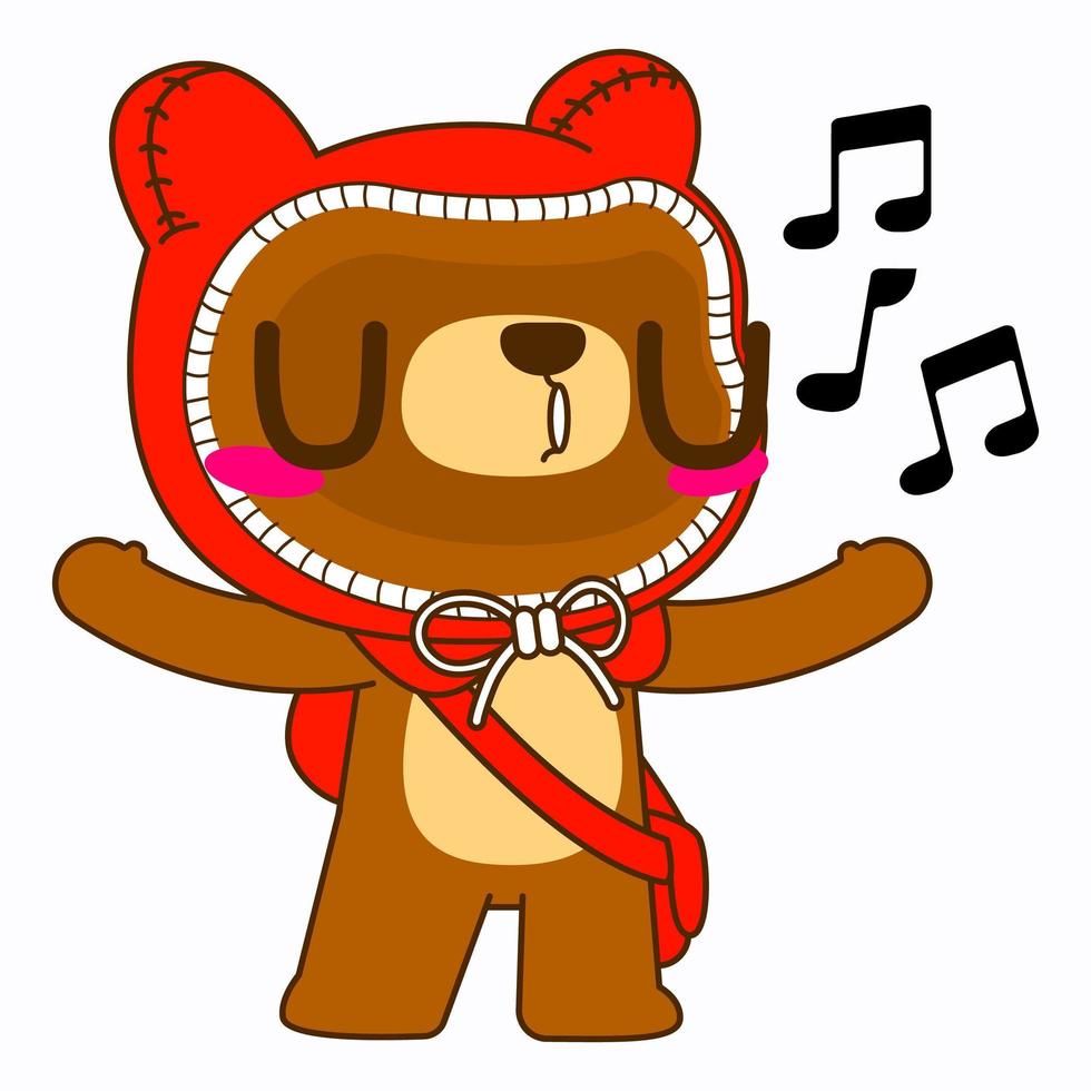 Ilustración de vector de oso lindo, pose de canto de oso de capucha roja