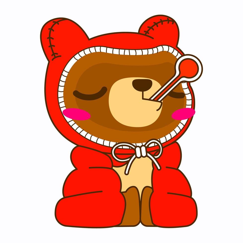 cute bear vector illustration, red hood bear get fever