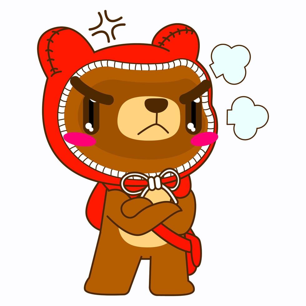 Ilustración de vector de oso lindo, oso de capucha roja pose enojada