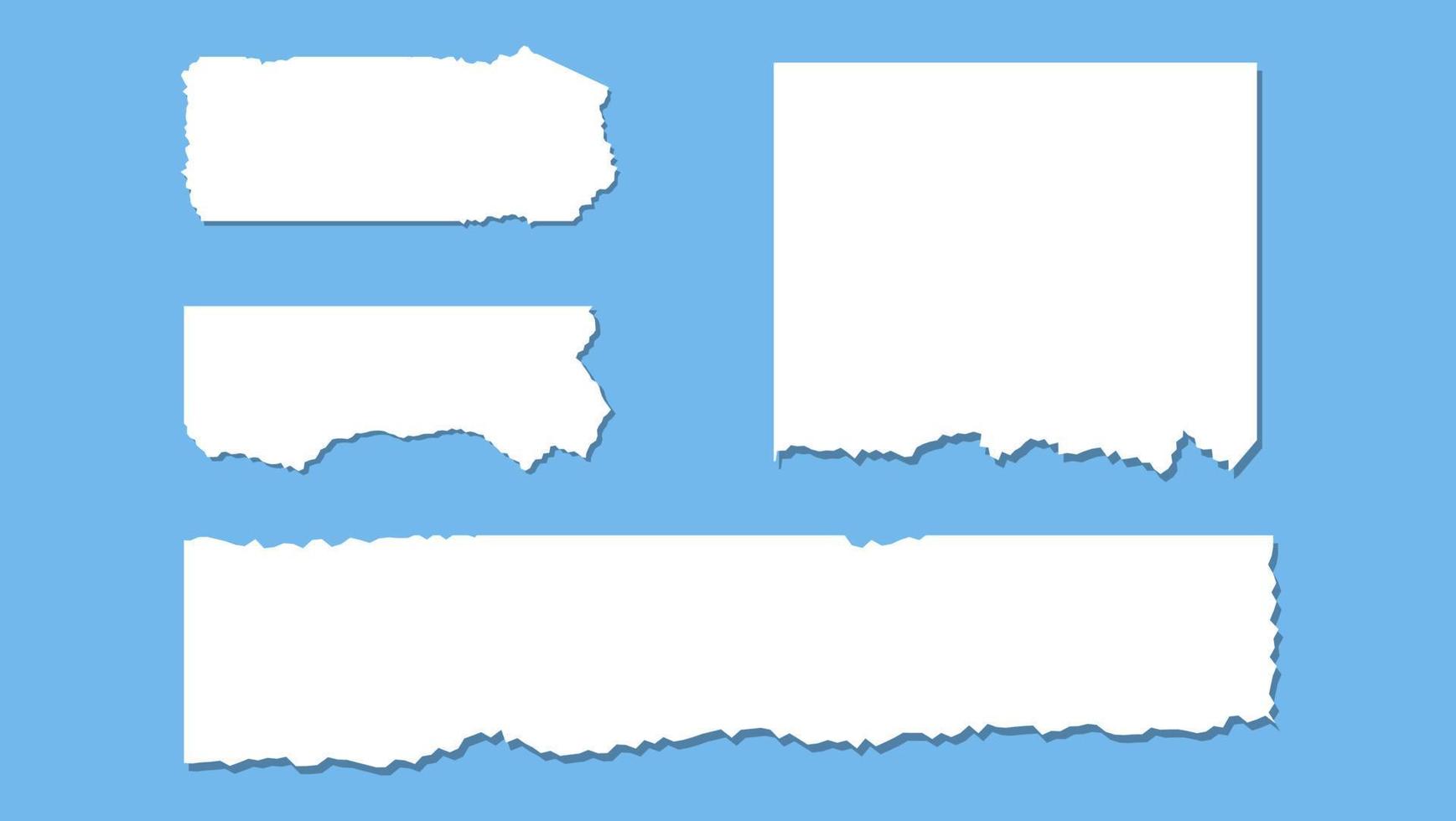 Conjunto de hoja rasgada de papel vacío en blanco en fondo azul. conjunto de papel blanco rasgado en diferentes formas vector