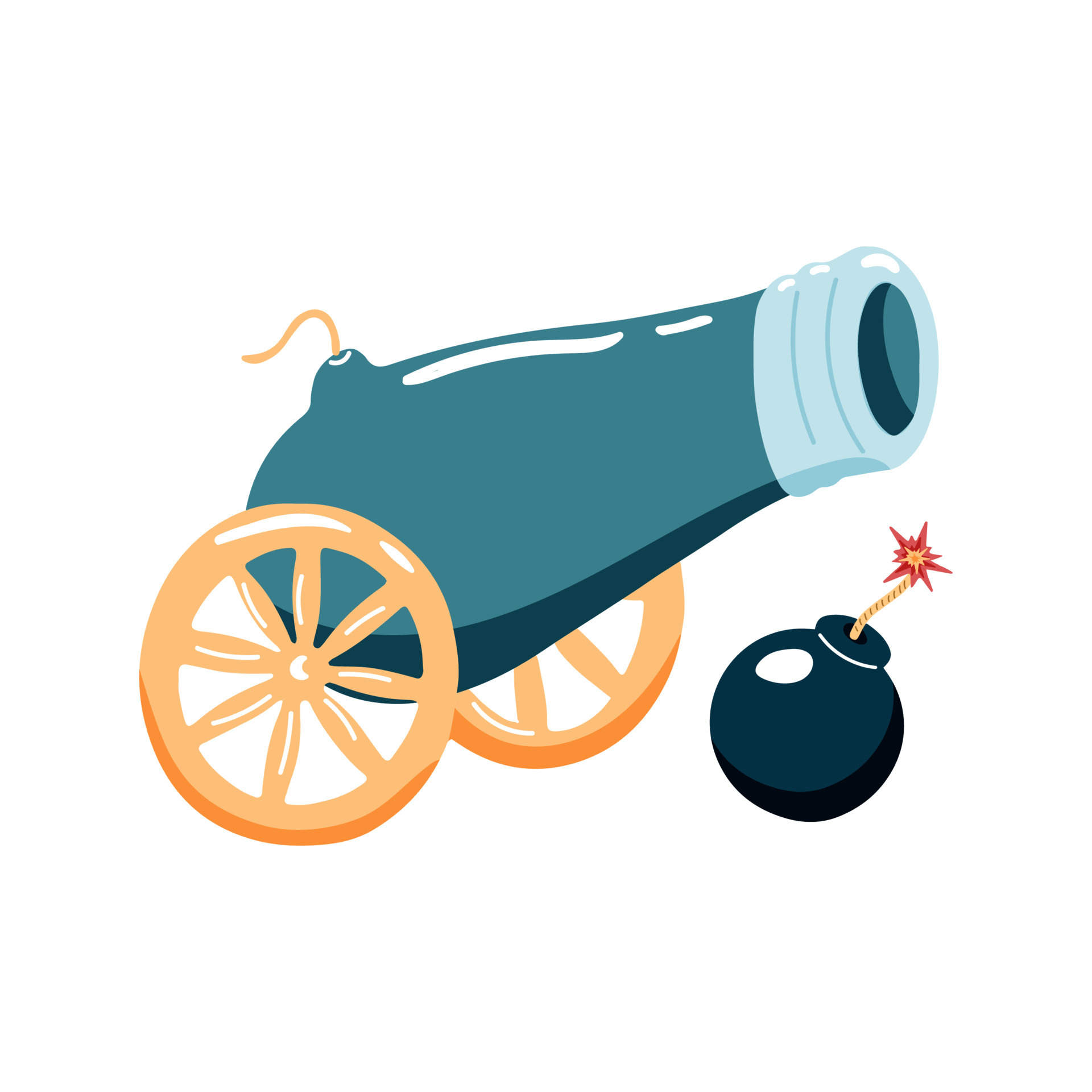 Hand drawn antique cannon on wheels with cannonball. Isolated pirate