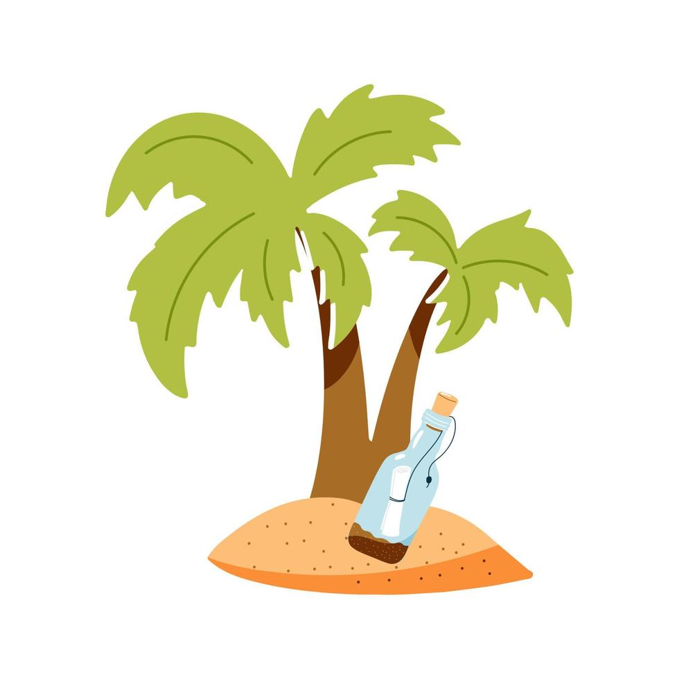 Palm tree and bottle with a message isolated on a white background. Vector hand-drawn illustration. Desert island, pirate concept design.
