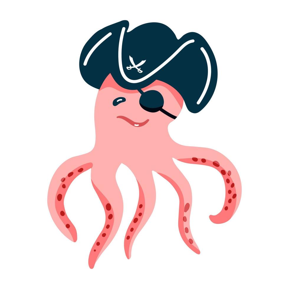 Funny octopus in a pirate cocked hat and bandage isolated on a white background. Marine mammal in the form of a pirate. Handdrawn vector illustration