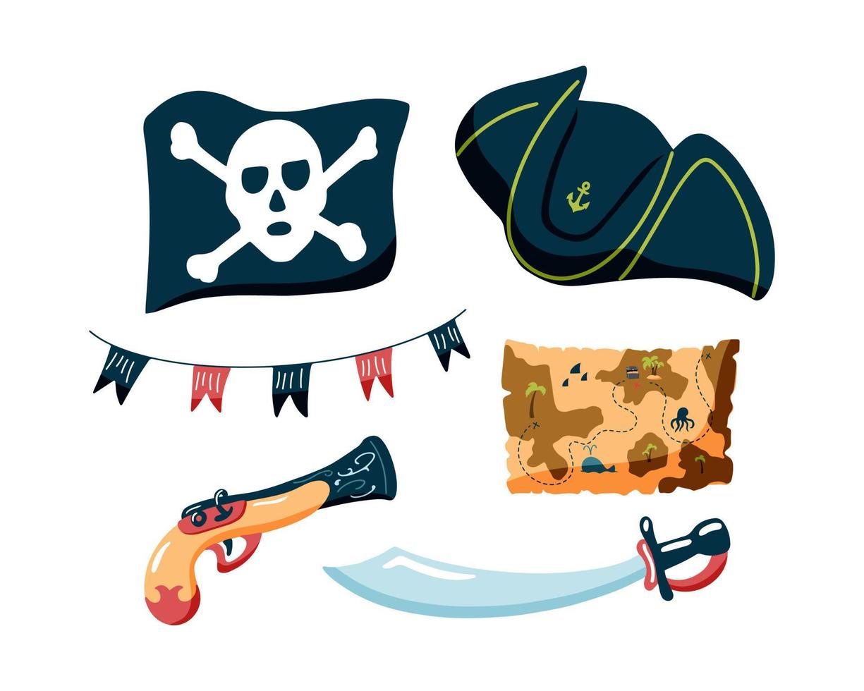 Pirate set of hand-drawn elements. Vector illustration of cocked hats, weapons, pirate flag and treasure map