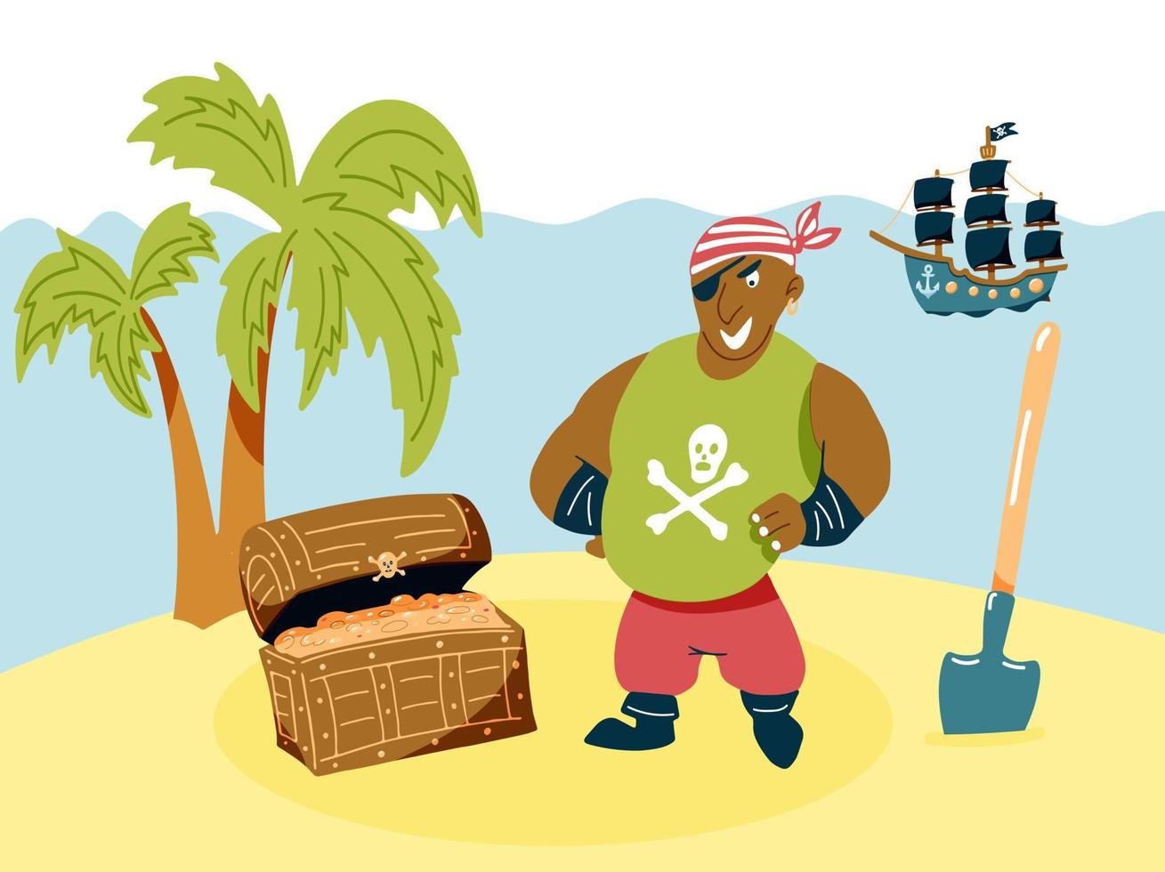 Pirate on the island dug up a chest of gold. Treasure hunt pirate concept. Vector hand drawn illustration